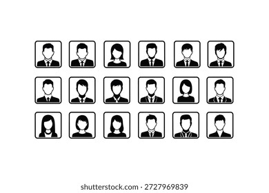 A black and white image featuring 20 faceless business portraits in a grid, all in silhouette