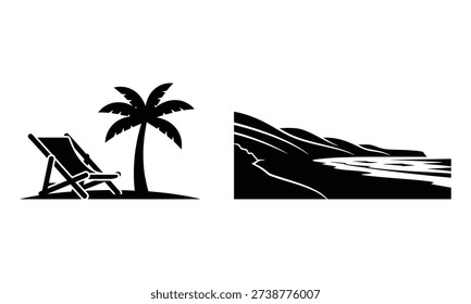 A black and white image featuring a beach chair, palm tree, and mountain landscape