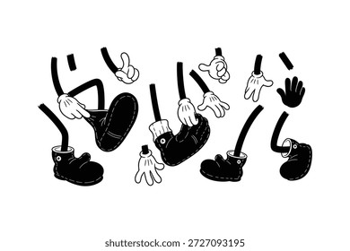Una Imagen en blanco y negro con una colección de manos y pies silueteados en diferentes poses
