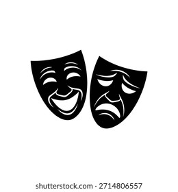 Black and white image featuring comedy and tragedy masks, symbolizing dramatic arts.