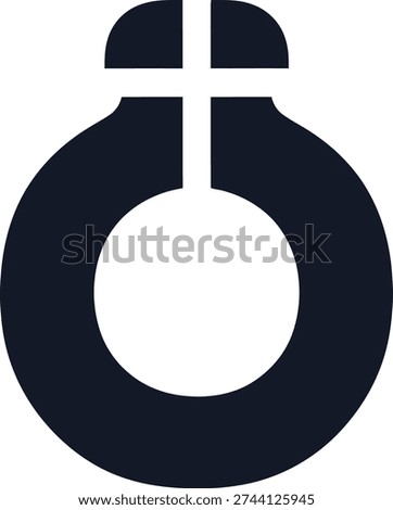 A black and white image featuring a distinctive symbol with a large circular body and a cross-like structure at the top