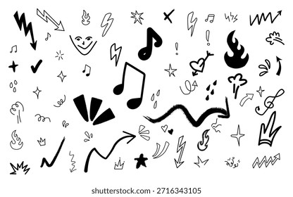 A black and white image featuring a diverse array of sound and music-related icons, including notes, symbols, and gestures.