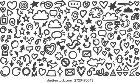 Ein Schwarz-Weiß-Bild mit einer Vielzahl handgezeichneter Symbole, darunter Herzen, Sterne, Wolken und andere skurrile Formen