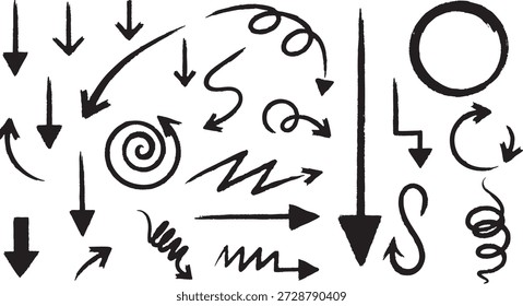 A black and white image featuring a diverse array of hand-drawn arrows and swirling lines in different shapes and directions