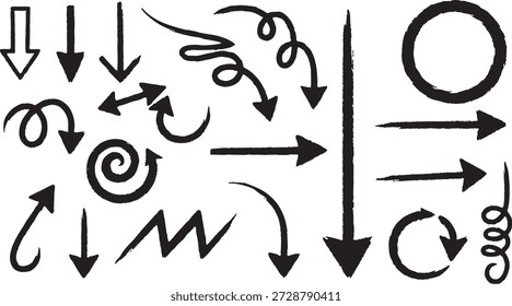 A black and white image featuring a diverse array of arrows and swirling lines