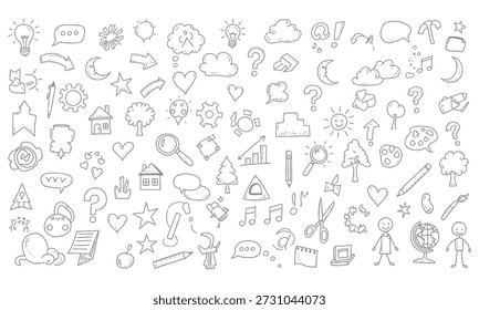 Ein Schwarz-Weiß-Bild mit einer Vielzahl einfacher, handgezeichneter Illustrationen und Symbole
