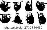 A black and white image featuring eight sloth silhouettes hanging from tree branches in different positions.