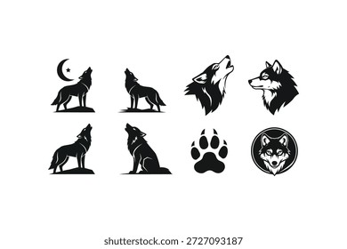 Imagem em preto e branco com oito silhuetas de lobo em diferentes poses, uma impressão de pata e um logotipo de lobo em um fundo branco