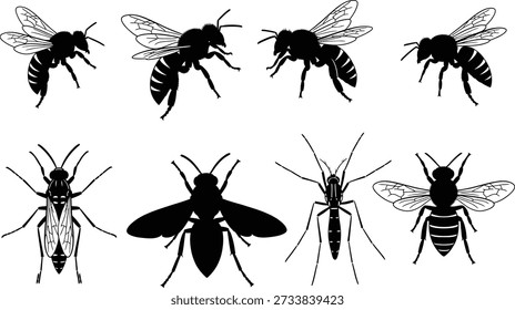 Ein Schwarz-Weiß-Bild mit acht Insektensilhouetten, darunter Bienen, Fliegen und Mücken in verschiedenen Posen.