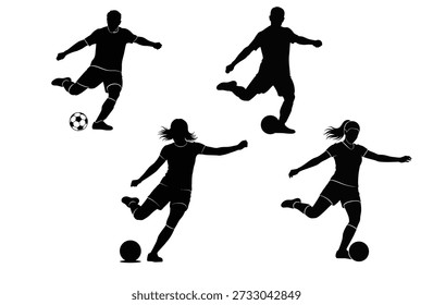 A black and white image featuring four soccer players in dynamic poses, kicking balls in different directions.