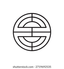 Uma imagem em preto-e-branco apresentando um design geométrico composto de linhas e formas de interseção dentro de um limite circular.