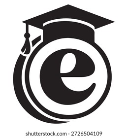 Una Imagen en blanco y negro con un gorro de graduación que descansa sobre una letra estilizada 'e'.