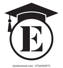 A black and white image featuring a graduation cap with a large letter 'E' in the center. The graduation cap is outlined in black and has a tassel hanging from the left side.