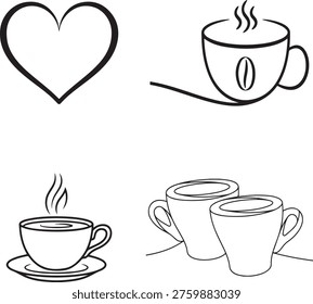 A black and white image featuring a heart and three different coffee cup illustrations