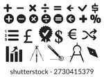 Black and white image featuring mathematical operators, currency signs, and geometric icons