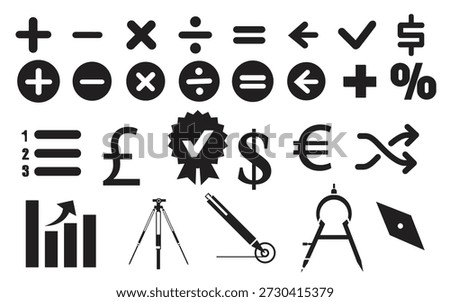 Black and white image featuring mathematical operators, currency signs, and geometric icons