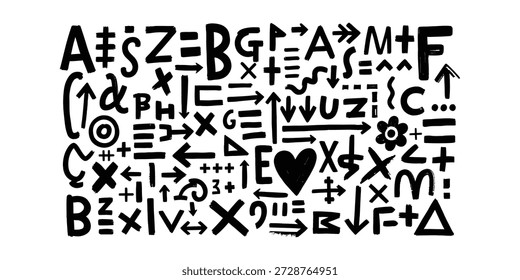 Ein Schwarzweißbild mit einer Mischung aus Buchstaben, Pfeilen und mathematischen Symbolen in einem scheinbar zufälligen Muster