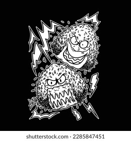 black and white image featuring onigiri twins with scary faces. Onigiri is the Japanese name for food in the form of rice which is solidified while it is still warm.