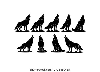 A black and white image featuring a pack of wolf silhouettes in various howling positions