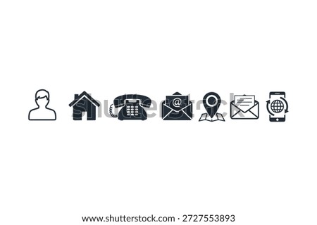 A black and white image featuring a row of silhouetted icons representing communication, navigation, and location