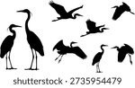 A black and white image featuring silhouettes of herons and egrets in different flying and standing positions.