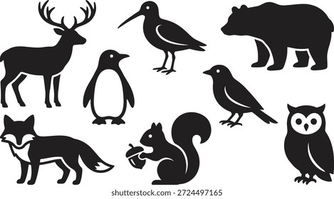 Uma imagem em preto e branco com silhuetas de oito animais diferentes, incluindo um veado, pássaro, urso, pinguim, coruja, raposa, esquilo e outro pássaro