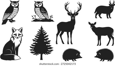 A black and white image featuring silhouettes of forest animals and trees, including owls, deer, fox, hedgehogs, and a pine tree.