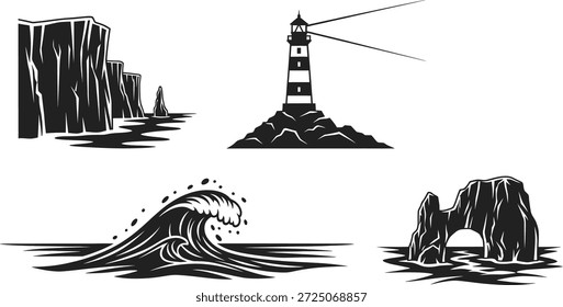Ein Schwarz-Weiß-Bild mit Silhouetten eines Leuchtturms, Klippen und Wellen