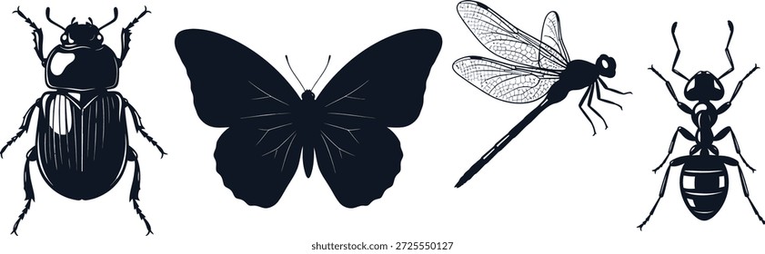 A black and white image featuring silhouettes of four different insects