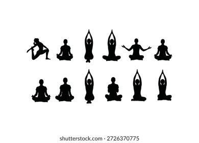 Ein Schwarz-Weiß-Bild mit Silhouetten von Menschen, die verschiedene Yoga-Posen in einem Studio-Ambiente spielen.