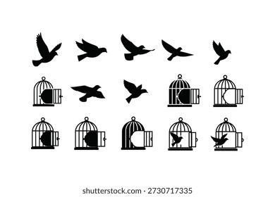 Imagen en blanco y negro con siluetas de pájaros y jaulas en varias posiciones