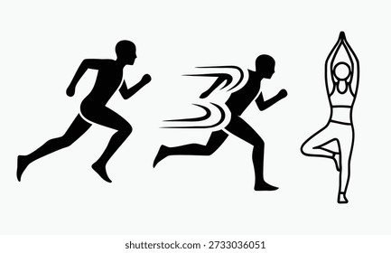 A black and white image featuring silhouettes of two runners and a yoga practitioner in various poses
