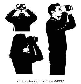 A black and white image featuring silhouettes of people using binoculars in different stances and angles.