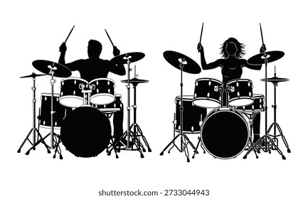 Ein Schwarz-Weiß-Bild mit Silhouetten von zwei Schlagzeugern, die Schlagzeug mit Becken und Drumsticks spielen