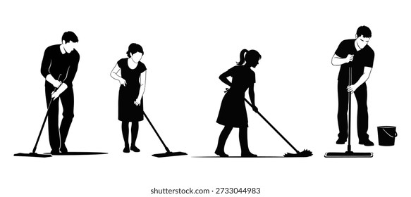 A black and white image featuring silhouettes of four janitors cleaning using brooms and a bucket