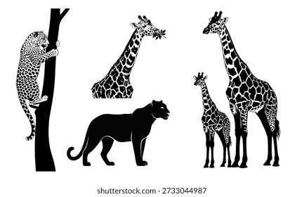 A black and white image featuring silhouettes and patterned illustrations of various animals
