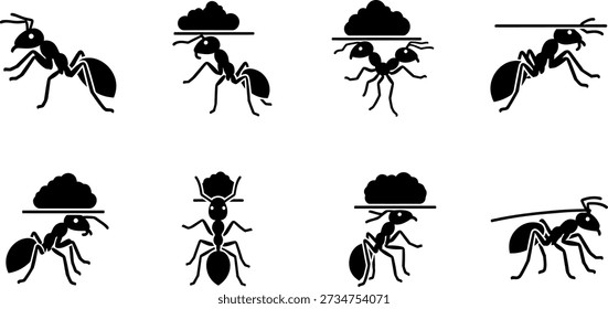 A black and white image featuring silhouettes of ants carrying different items on their heads