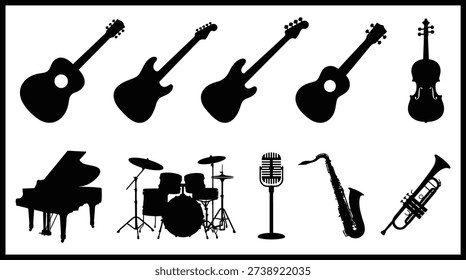 a black and white image featuring silhouettes of various musical instruments including guitars, violin, cello, piano, drum set, microphone, saxophone, and trumpet