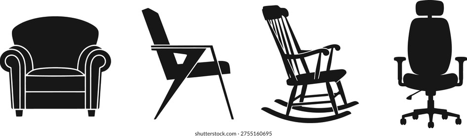 A black and white image featuring silhouettes of a barber chair, a folding chair, a rocking chair, and an office chair
