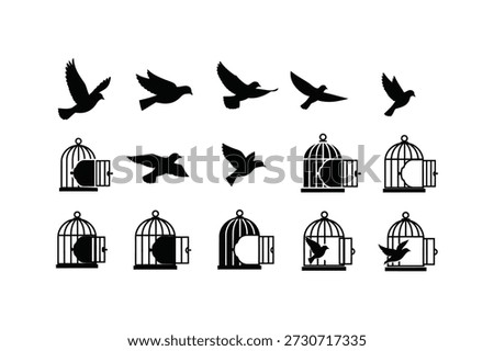 black and white image featuring silhouettes of birds and birdcages in various positions