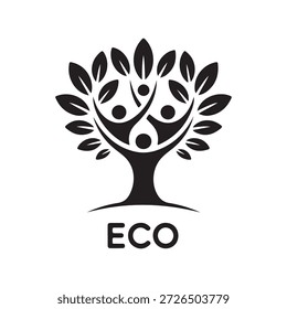 Una Imagen en blanco y negro con un árbol estilizado con figuras humanas interconectadas que representan la unidad y la cooperación. La palabra 'ECO' se muestra prominentemente debajo del árbol.