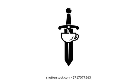 A black and white image featuring a sword piercing through a coffee cup, symbolizing the blend of strength and energy.