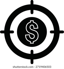 A black and white image featuring a target with concentric circles. Inside the innermost circle, there is a dollar sign ($) symbol, which is white and stylized with a wavy design.
