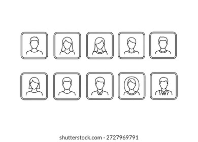 Uma imagem em preto e branco com dez retratos de silhueta em molduras retangulares