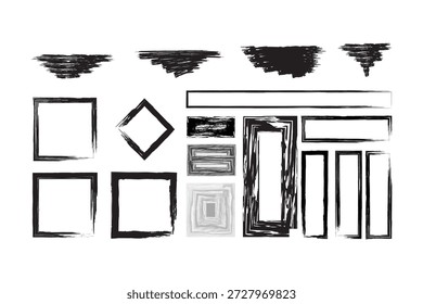 A black and white image featuring a variety of silhouette shapes and frames
