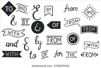 Black and white image featuring various typographic design elements and phrases in a decorative style