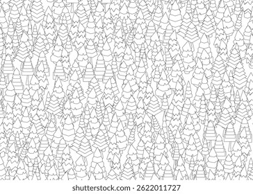 Uma imagem em preto e branco de Fir trees com um fundo branco. As árvores estão espalhadas por toda a imagem, com algumas se sobrepondo. A imagem tem uma sensação de caos e desordem. Vista isométrica
