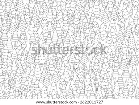 A black and white image of Fir trees with a white background. The trees are scattered all over the image, with some overlapping each other. The image has a sense of chaos and disorder. Isometric view