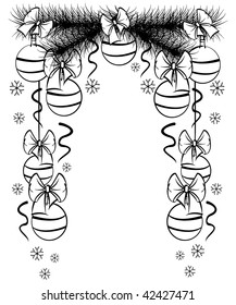 Black & white image of a fir twig with New Year decorations and snowflakes