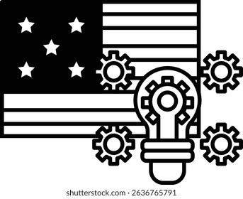 A black and white image of a flag with a light bulb on it. The light bulb is surrounded by gears, which symbolize the idea of innovation and progress
